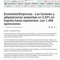 Las fusiones y adquisiciones aumentan un 2,33% en Espaa hasta septiembre, con 1.496 operacionesbol